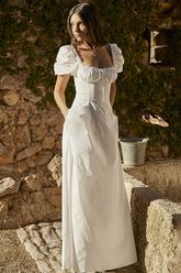Square Neck Puff Sleeve Ruched Cinch Waist Plain Maxi Dresses-White